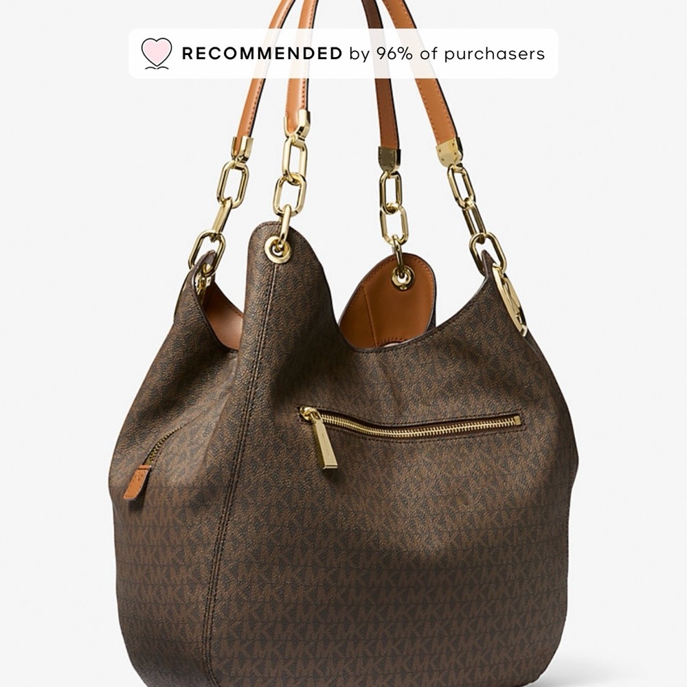 Michael Kors Lillie Large signature logo Brown Shoulder Bag with Gold Chains - Picture 5 of 8